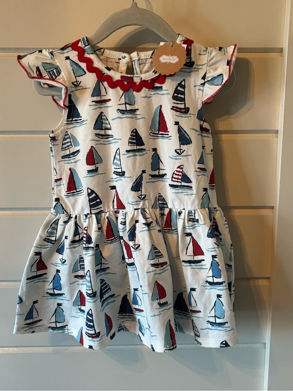 Mud Pie Girls Nautical Coastal Sailboat 12-18 mo. Dress in White, Blue & Red